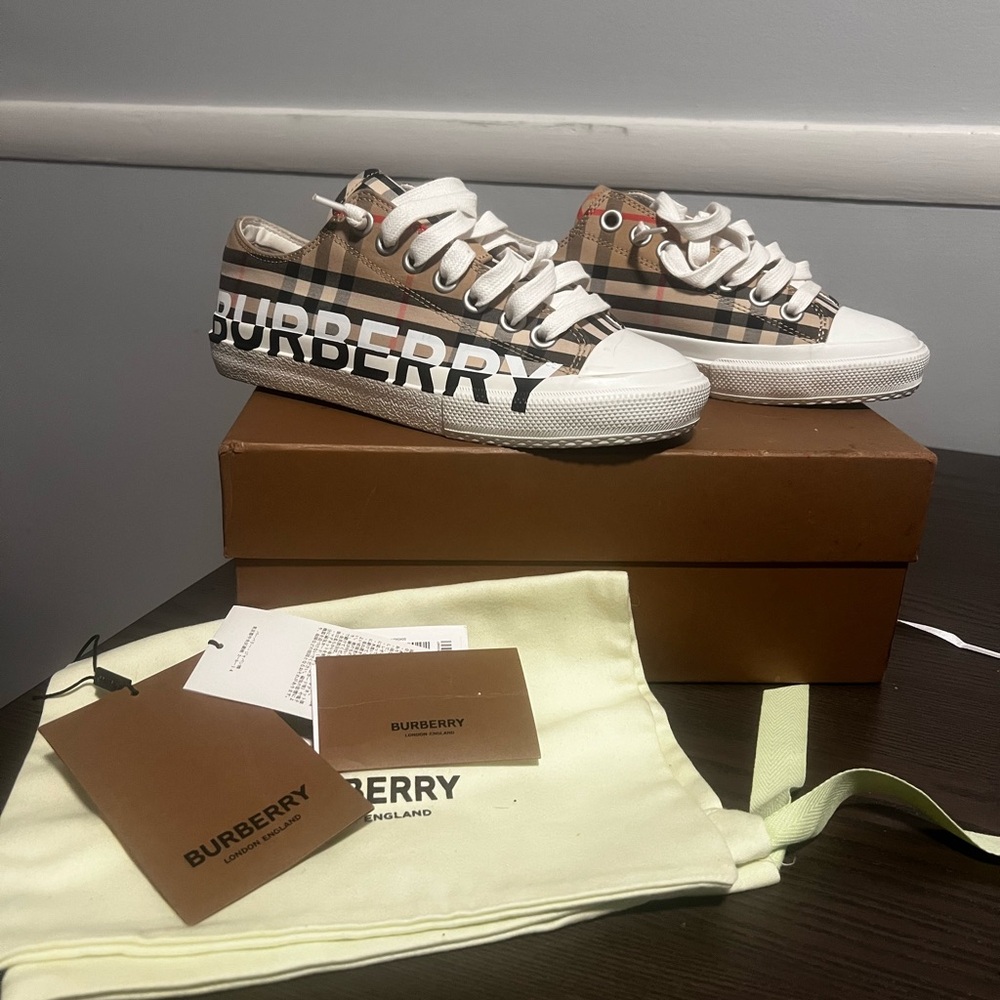 Burberry Beige and White Logo Sneakers